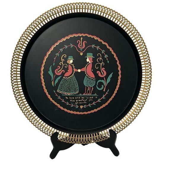 Vtg Toile Ware 1950s Toleware Tray 15" Black & Gold Cutout Metal Hand-painted - Picture 3 of 9